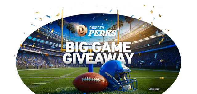 The DIRECTV PERKS coin logo and confetti are shown with a football and helmet in a stadium.