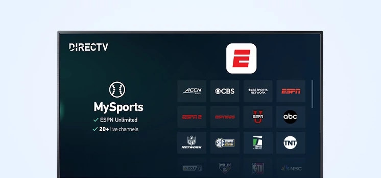 DIRECTV MySports interface with channel logos like FS1, ESPN, ACCN, and CBS.