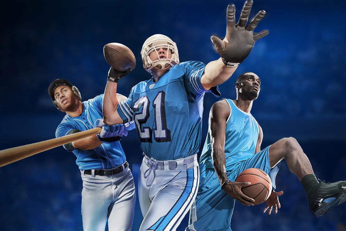 Collage of athletes including a baseball player, football player, and basketball player in motion against a dramatic blue background.