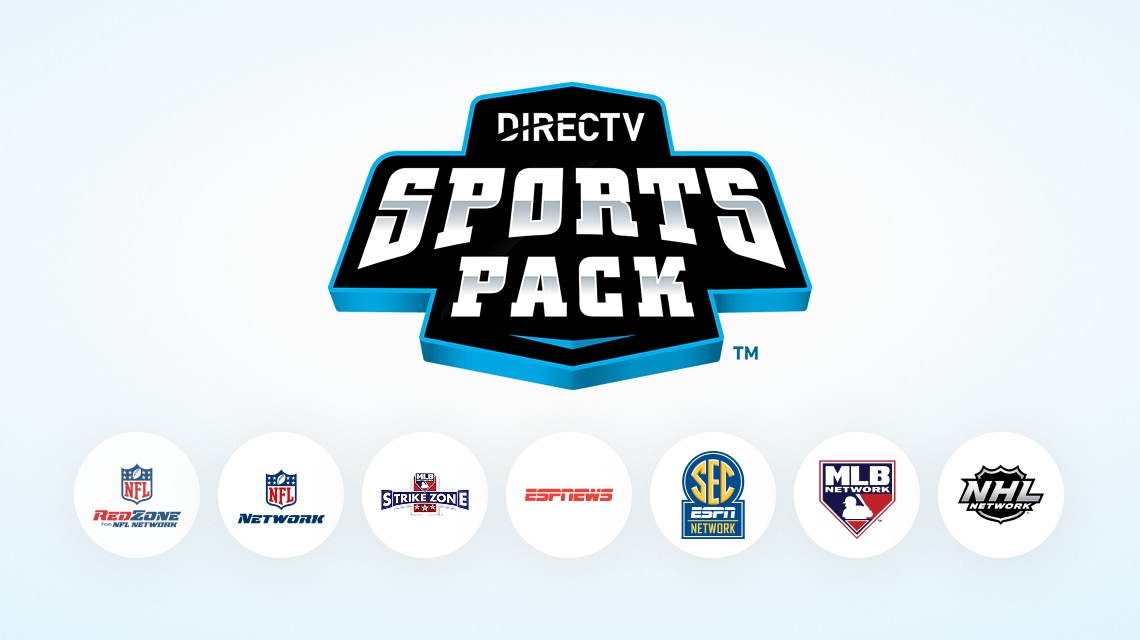 DIRECTV Sports Pack logo above circular icons for networks including NFL RedZone, NFL Network, MLB Network, ESPN News, NHL Network, and SEC Network.