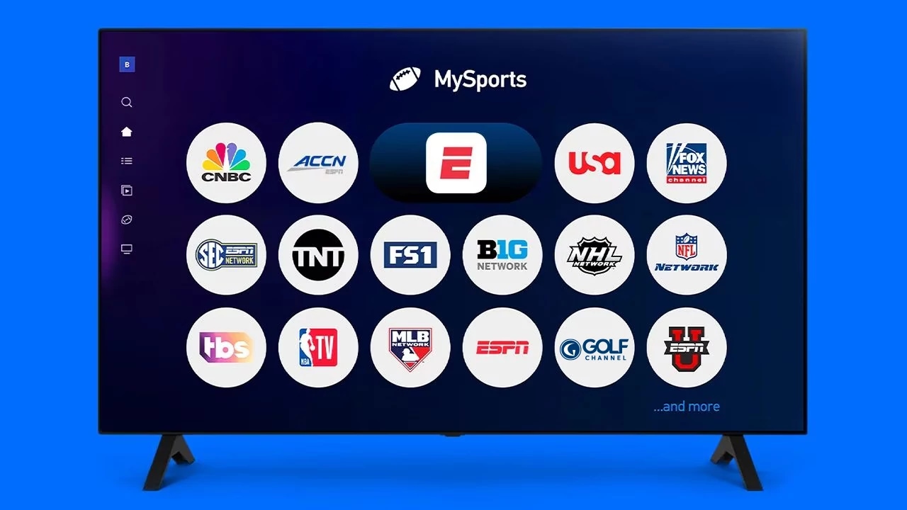 TV showing MySports Genre Pack icons like CNBC, Tru TV, ESPN plus and more.