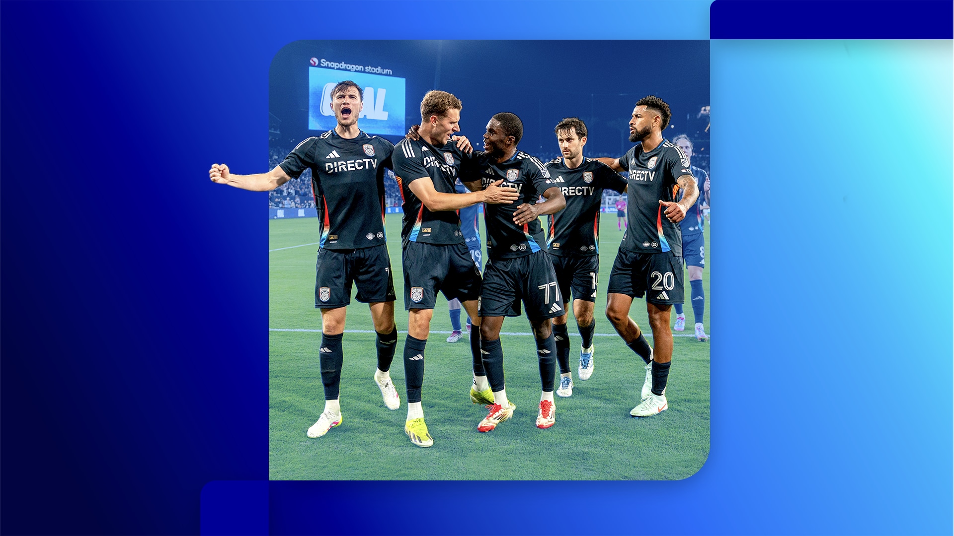 San Diego FC players celebrate on the field wearing DIRECTV jerseys.