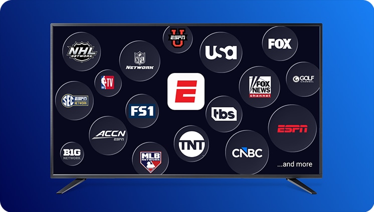 A smart tv displays the ESPN Unlimited App logo surrounded a variety of sports network channel logos, which are available through the DIRECTV MySports Genre Pack