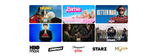 Collage of premium entertainment titles including Peacemaker, Barbie, Better Man, Dexter: New Blood, House of the Dragon, and Outlander: Blood of My Blood from HBO Max, Cinemax, Showtime, Starz, and MGM+.