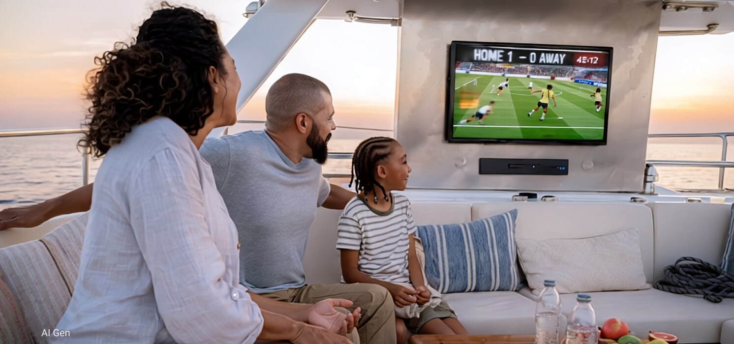 Family sitting on a coach, on a boat. DIRECTV FOR BUSINESS.
