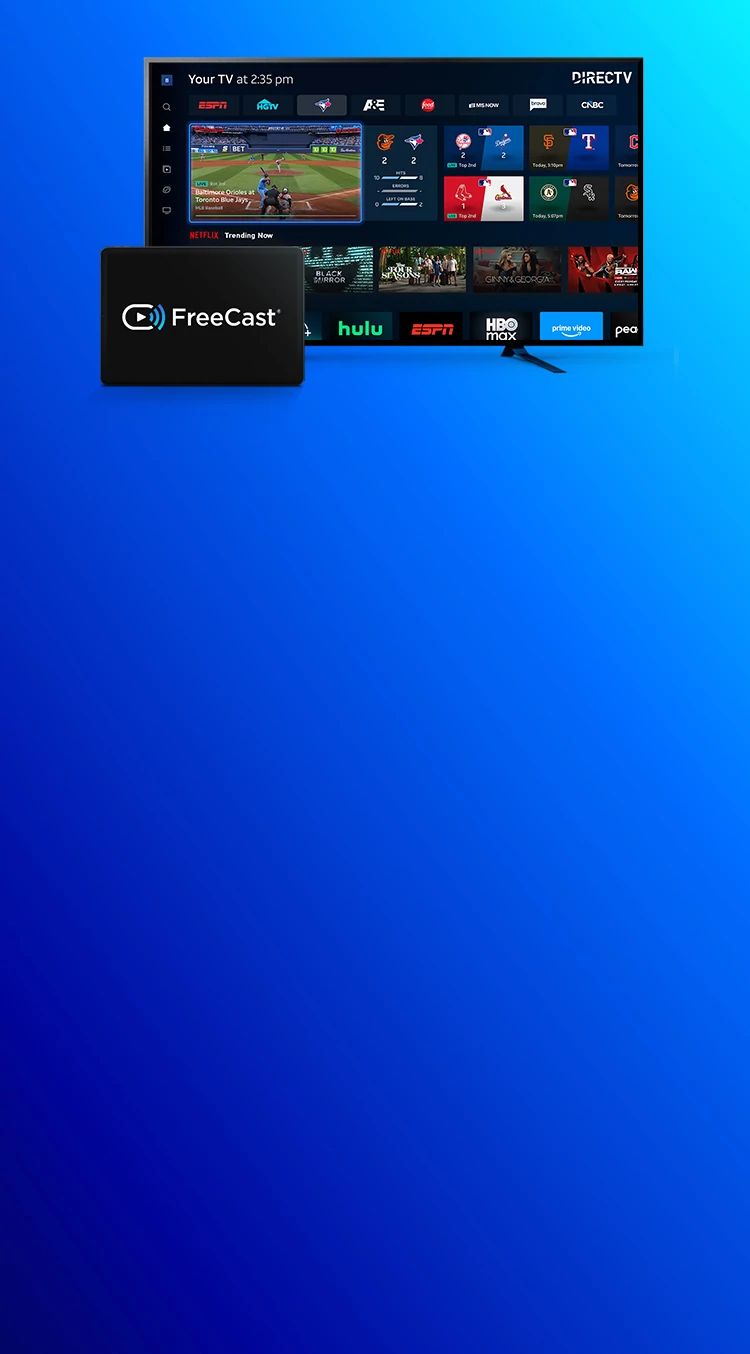 TV screen of DIRECTV watching experience with menu items for sports teams, and channels like ESPN, Food Network, Netflix, HBO Max, and Hulu, and a tablet device with the Skynet logo.