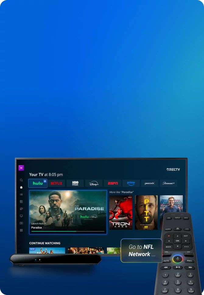 A smart tv displays the DIRECTV experience on the Your TV tab of the DIRECTV app showcasing a variety of popular streaming apps, shows and movies available with DIRECTV services. The TV is acompanied by a DIRECTV Gemini Device and Gemini Voice Remote.