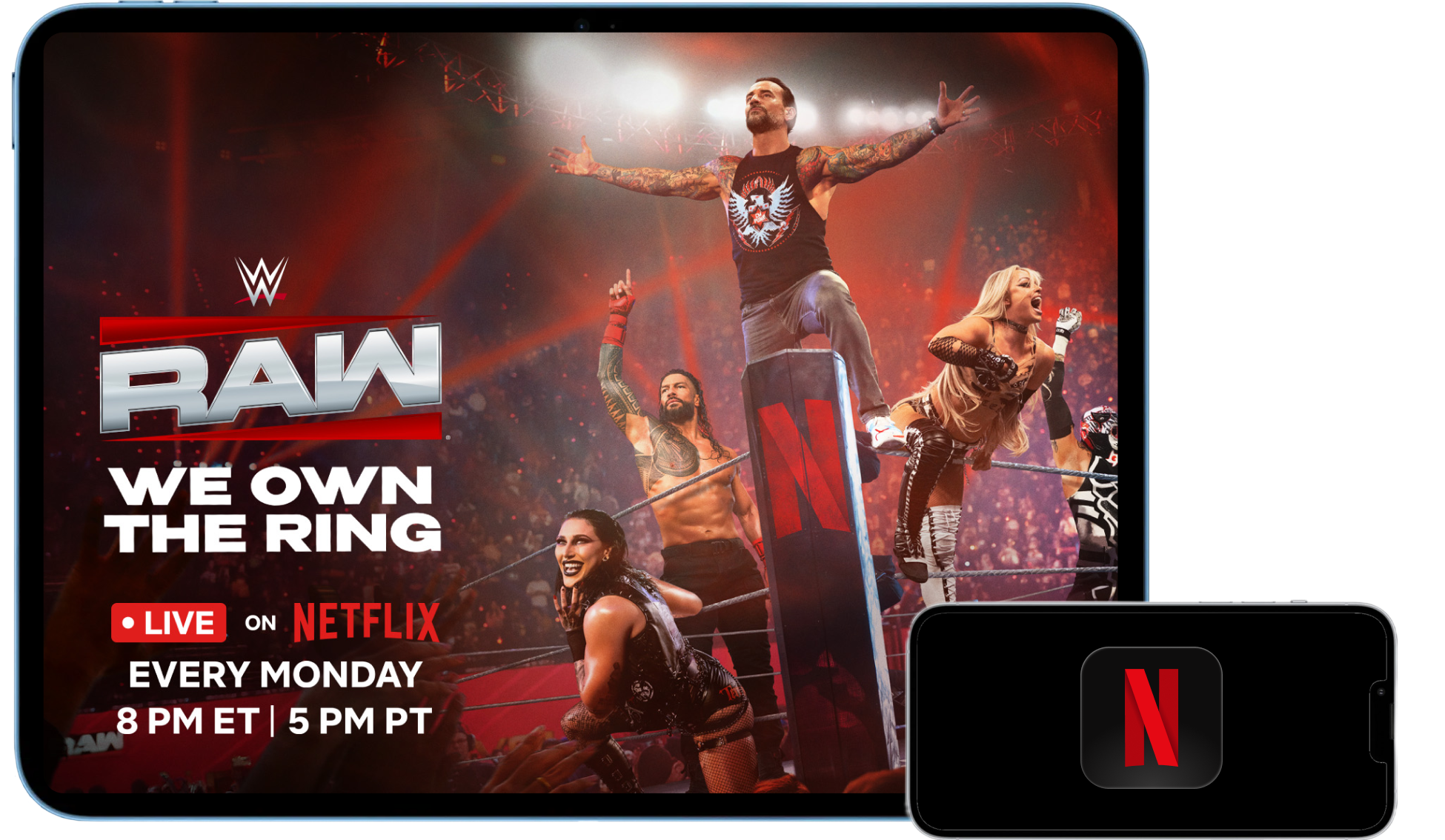 Netflix Standard with Ads plan on DIRECTV showcasing WWE Raw live streaming across tablet and mobile devices
