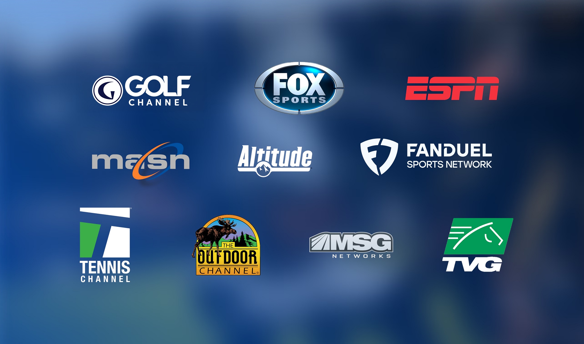 NBC Golf, FOX Sports, ESPN, Tennis Channel, FanDuel Sports Networks, Outdoor Channel MSG Networks, Altitude, MASN, TVG, NESN