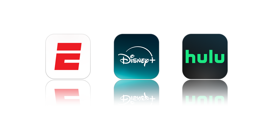 App icons including ESPN, Disney+, and Hulu representing included streaming services.