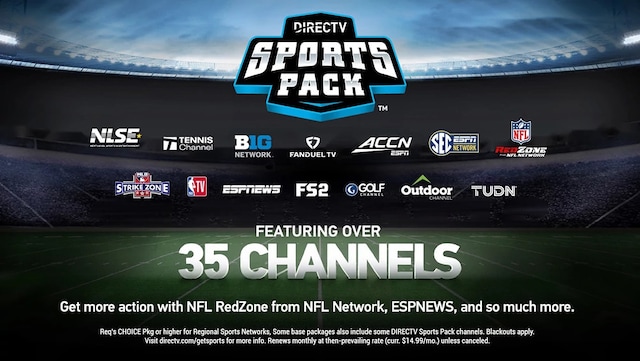 DIRECTV Sports Pack logo featuring sports season channels such as BIG TEN, NFL Red Zone and ACCN.