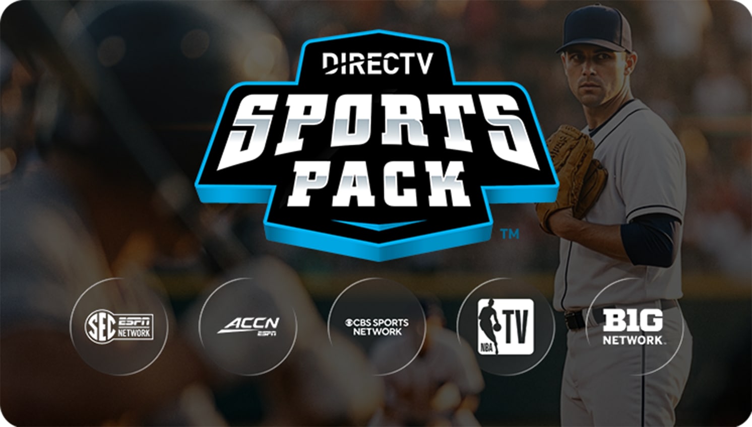 The DIRECTV Sports Pack add-on logo is shown above several add-on included sports channels including SEC Network, ACCN, CBS Sports, NBA TV, and BIG Network