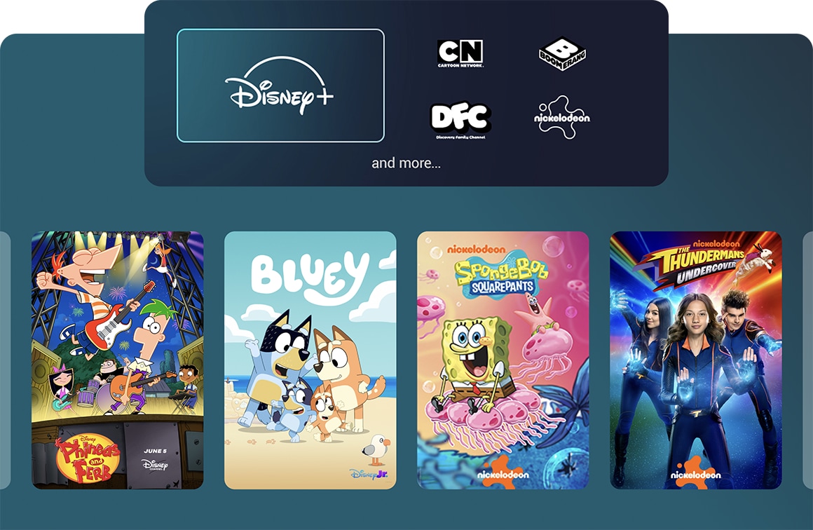 MyKids pack showing channels and titles like Disney+, Nickelodeon, Cartoon Network.