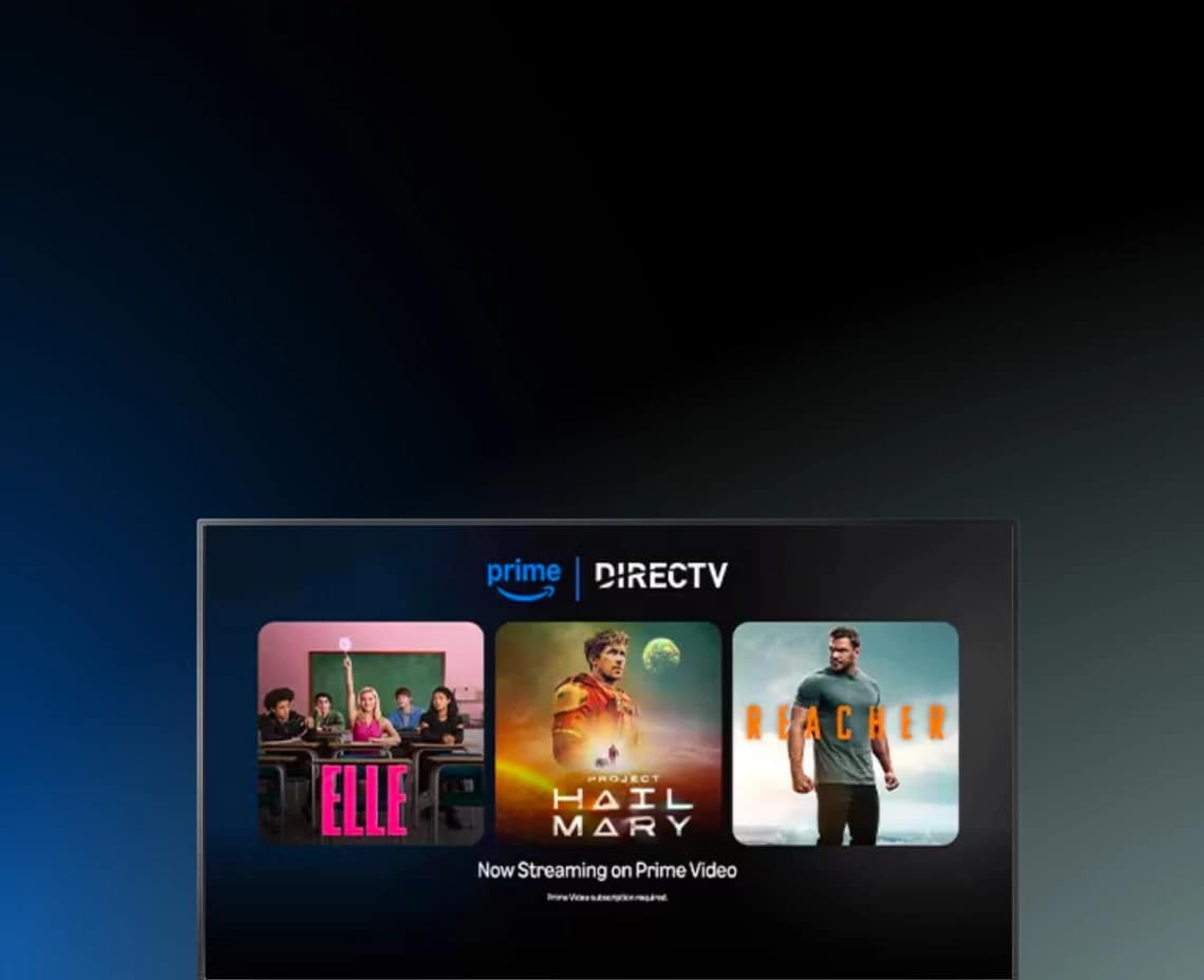 DIRECTV and Prime Video promo featuring ELLE, Project Hail Mary, and Reacher now streaming on Prime Video.