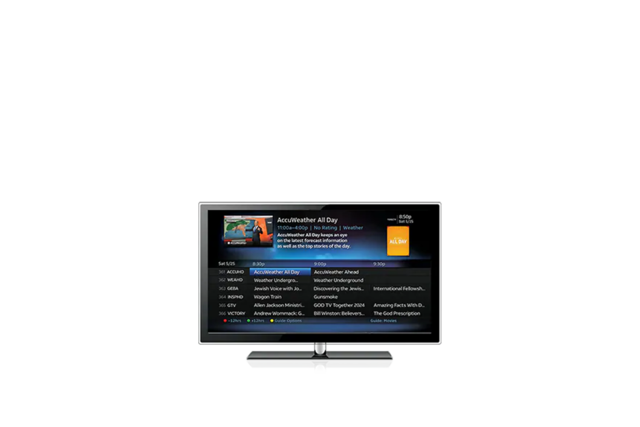 TV showcasing DIRECTV’s Residential Experience channel guide screen.