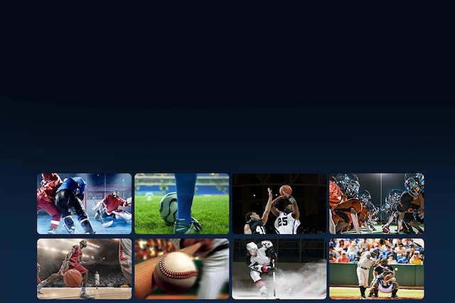 Sports showing soccer, basketball, football, baseball, and hockey.