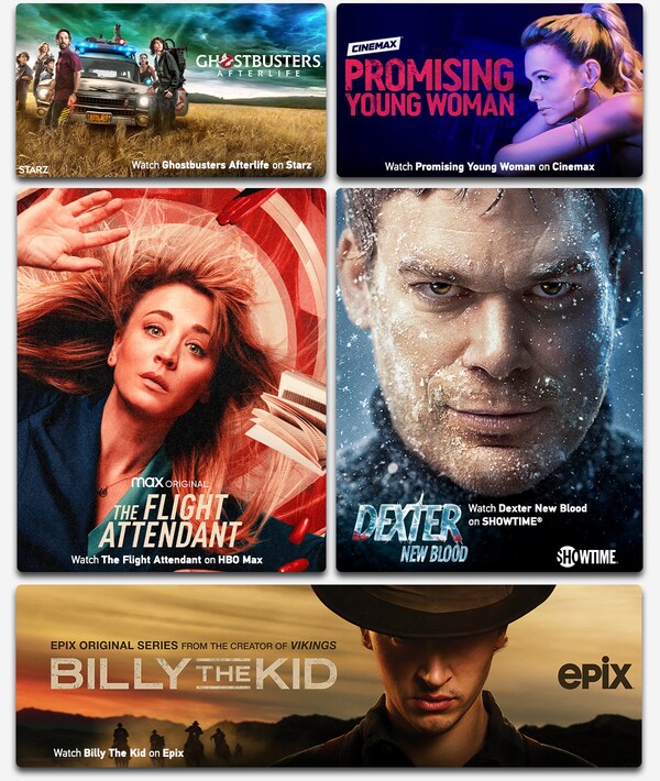 Tiles featuring titles from HBO Max™, SHOWTIME®, STARZ®, EPIX® & Cinemax®