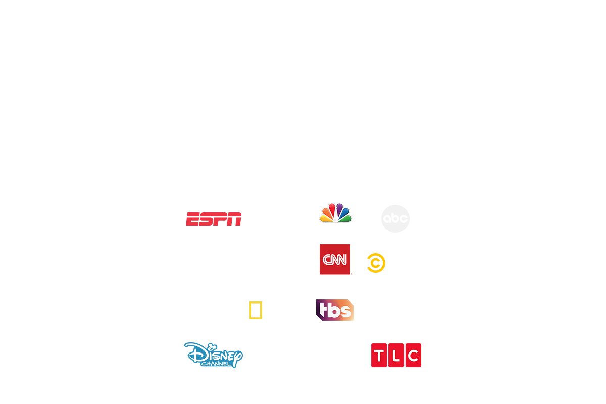 ESPN, CBS, NBC, ABC, FOX, TNT, CNN, Comedy Central, FX, National Geographic, TBS, Discovery, Disney Channel, AMC, USA and TLC logos.