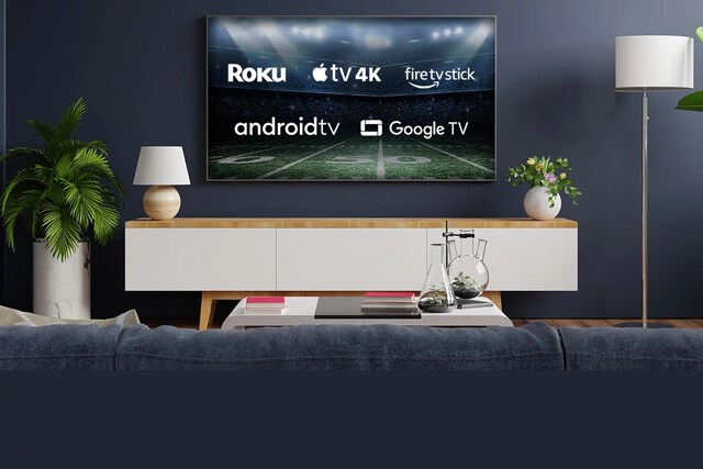 TV Screen Showing Roku, Apple TV 4K, Android, Amazon Fire Stick TV and Chromecast.