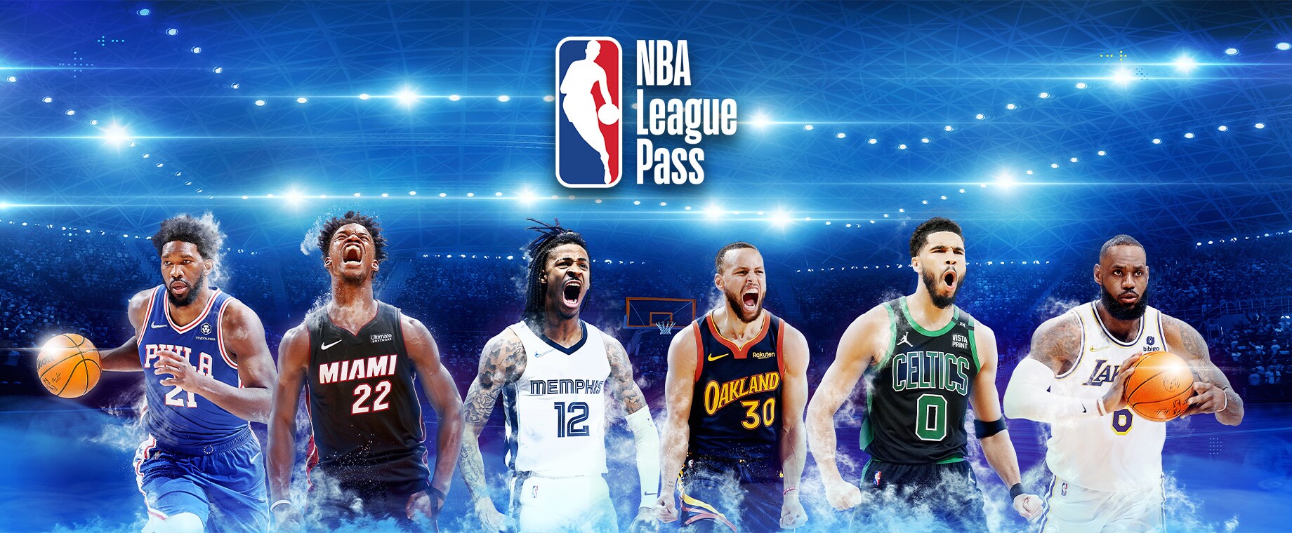 NBA League Pass ad with professional basketball players.