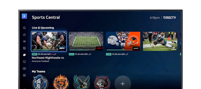 Smart TV interface showing menu of teams and live & upcoming games.
